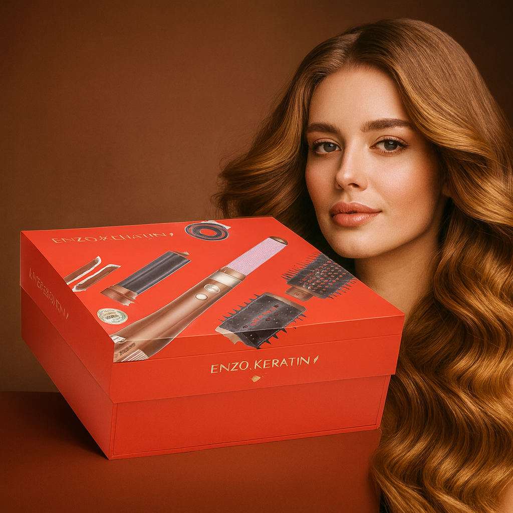 ENZO Keratin B2 6-in-1 BLDC Hair Styling Kit โ 130,000 RPM Motor | Professional Hot Air Brush, Curling Rods & Volumizing Nozzles
