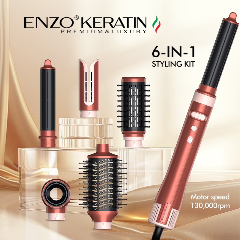 ENZO Keratin B2 6-in-1 BLDC Hair Styling Kit โ 130,000 RPM Motor | Professional Hot Air Brush, Curling Rods & Volumizing Nozzles
