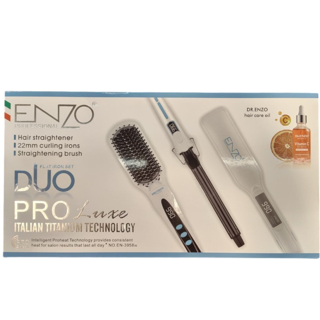 ENZO ProLuxe EN-3958W 3-in-1 Flat Iron Set â Hair Straightener, Curling Iron & Straightening Brush with Adjustable Heat & Ionic Technology