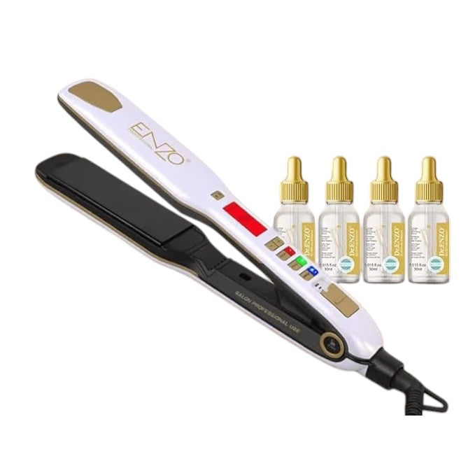 ENZO EN-5111B Professional Hair Straightener – Advanced Ceramic Titanium Plates with Adjustable Heat & Free Hair Serum Bottles