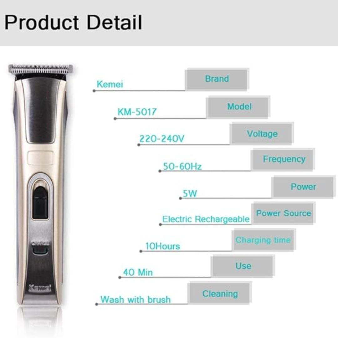 Kemei KM-5017 Professional Cordless Hair & Beard Trimmer – Waterproof, Adjustable Blade, 60-Min Runtime