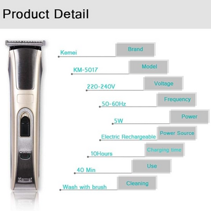 Kemei KM-5017 Professional Cordless Hair & Beard Trimmer – Waterproof, Adjustable Blade, 60-Min Runtime