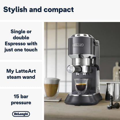 De'Longhi Dedica Arte Espresso Machine - MyLatteArt Milk Foam Nozzle, Precision Steam Wand, Steel Tamper Included, Grey - Create Perfect Espresso, Cappuccinos, and Latte Art at Home - EC885.GY