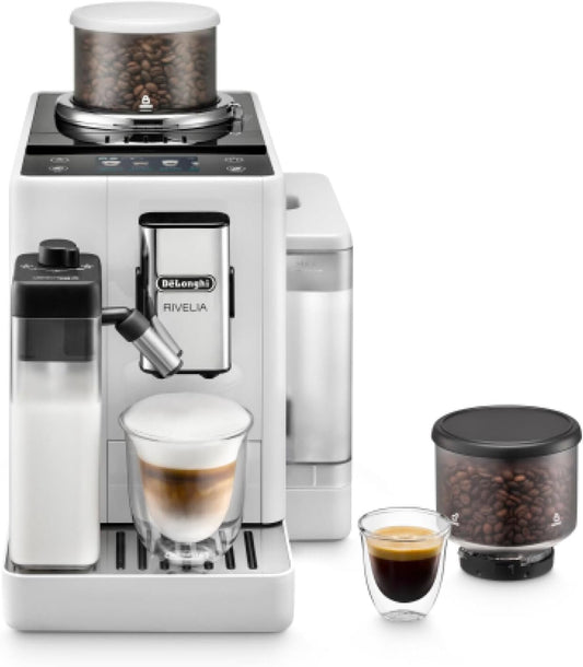 De'Longhi Rivelia EXAM440.55.BG Fully Automatic Coffee Machine – LatteCrema Hot, Automatic Milk Frother, Bean-to-Cup, 16 Coffee Recipes, Compact Design, Full Touch Color Display – Sand Beige