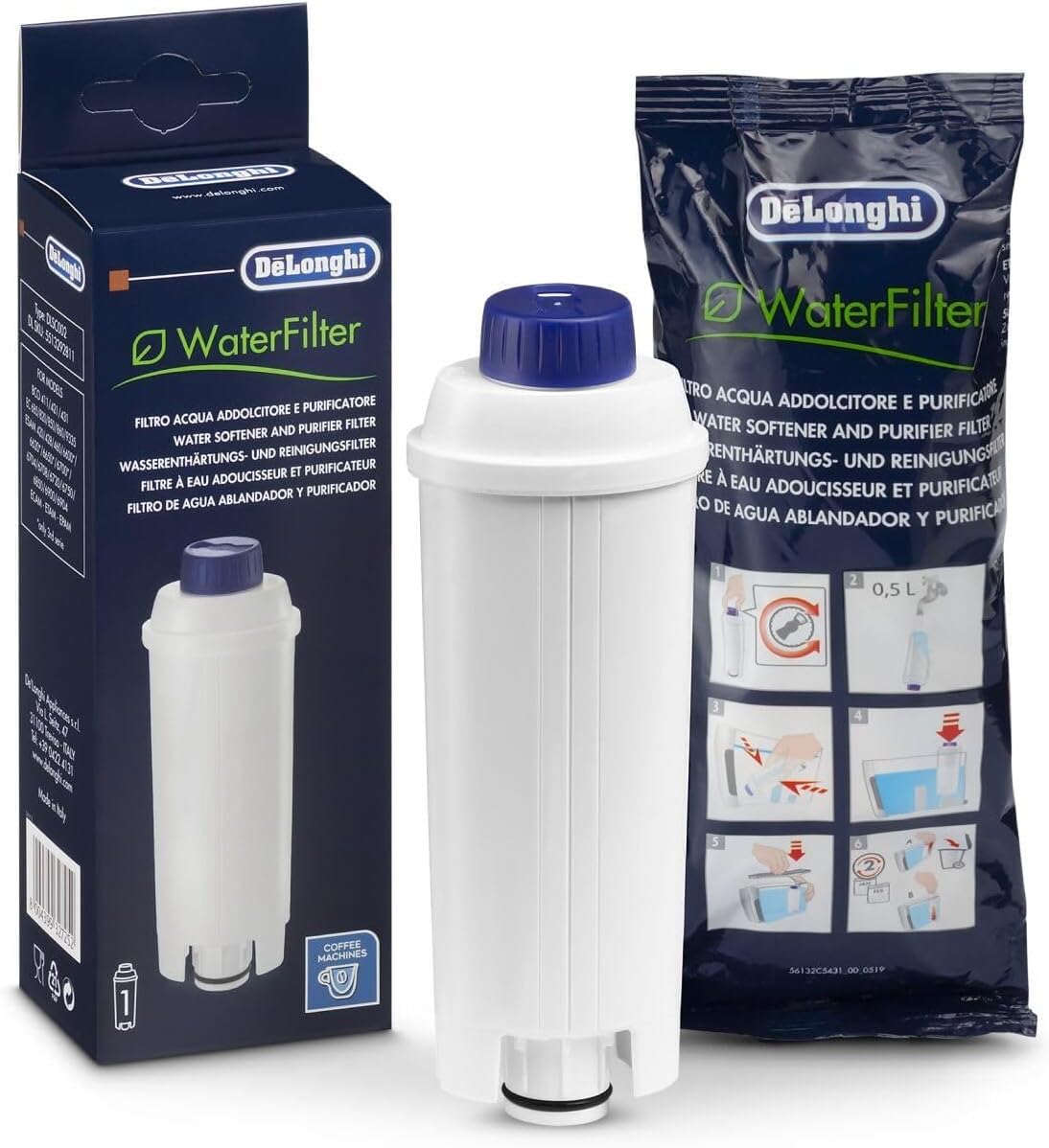 De'Longhi Water Filter, Purifier & Sweetener, Reduces Limescale, Filters Contaminants, Improves Coffee Flavor, Easy Installation, Lasts Up to 2 Months, Suitable for All Coffee Machines DLSC002