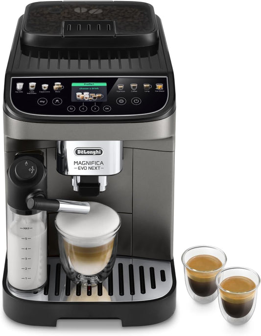 De'Longhi Magnifica Evo Next ECAM312.80.TB, Automatic Coffee Machine With Automatic Milk Frother, Bean To Cup Coffee and Cappuccino Machine with Intuitive Touch Display, Black/Titanium
