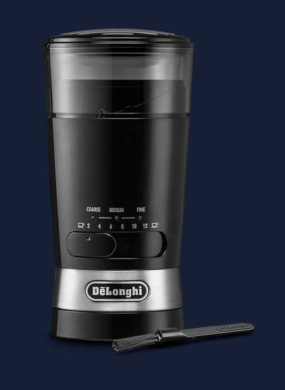 De'Longhi Electric Coffee Grinder, 110W, Burr Grinding System, 12 Settings, Stainless Steel Blade, 12 Cup Capacity, 120g Bean Container, Removable Transparent Lid – KG79, Black