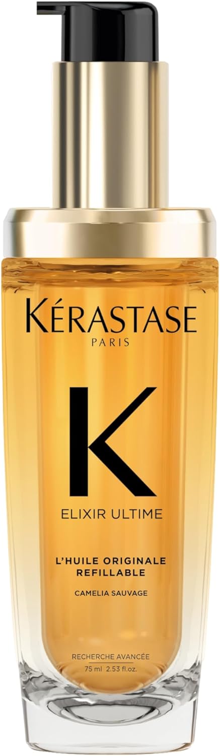 Kérastase Elixir Ultime, L'Huile Originale Refillable Hair Oil | Versatile Leave-In Oil to Smooth Frizz & Add Shine |Camellia, Marula and Argan Oils | For All Hair Types | 75ml