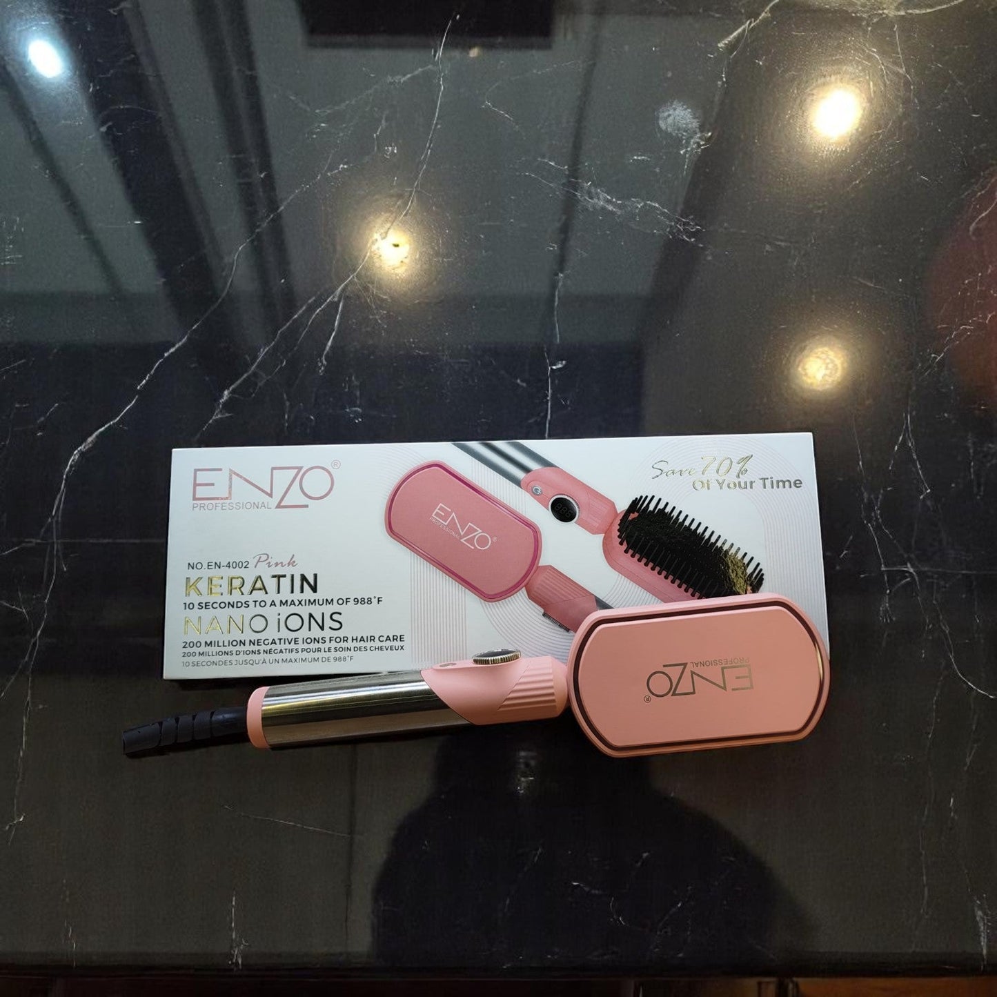 ENZO EN-4002 Pink Keratin Hair Straightener Brush – Ionic Hot Air Comb with Adjustable Temperature and Anti-Scald Design ENZO Professional