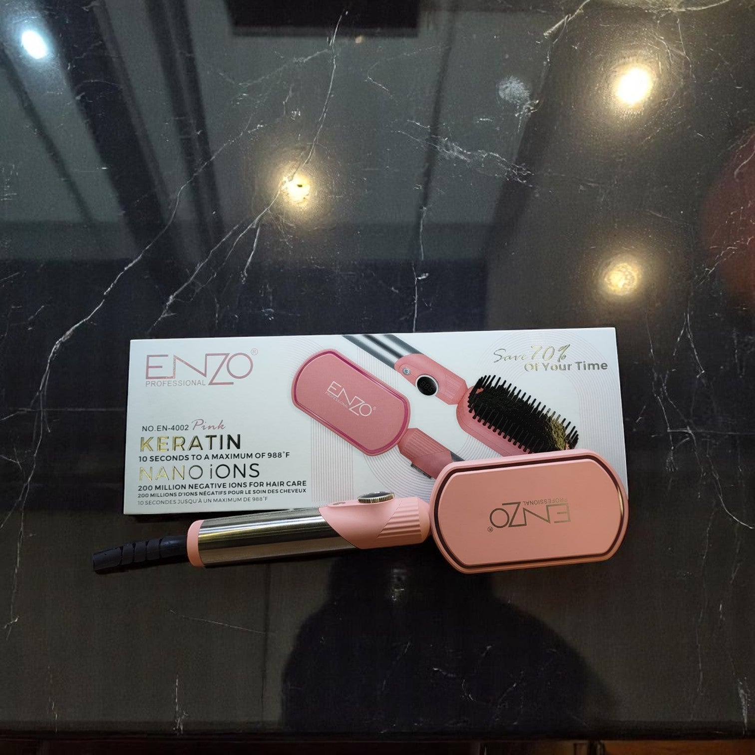 ENZO EN-4002 Pink Keratin Hair Straightener Brush – Ionic Hot Air Comb with Adjustable Temperature and Anti-Scald Design ENZO Professional