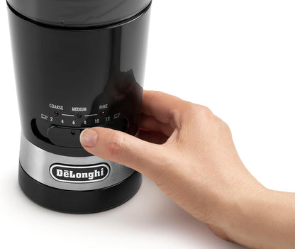 De'Longhi Electric Coffee Grinder, 110W, Burr Grinding System, 12 Settings, Stainless Steel Blade, 12 Cup Capacity, 120g Bean Container, Removable Transparent Lid – KG79, Black