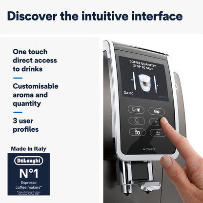 De'Longhi Fully Automatic Coffee Machine DINAMICA PLUS Bean to Cup Espresso, 18+ Pre-Set One Touch Recipes for Americano, Cappuccino, Latte, Macchiato & More (Made in Europe)