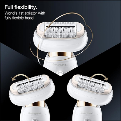 Braun Silk-épil 9 Flex Beauty Set 9300 – Women’s Epilator with Fully Flexible Head, FaceSpa, Shaver & Massage Attachments (White/Gold)