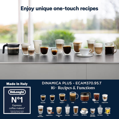 De'Longhi Fully Automatic Coffee Machine DINAMICA PLUS Bean to Cup Espresso, 18+ Pre-Set One Touch Recipes for Americano, Cappuccino, Latte, Macchiato & More (Made in Europe)