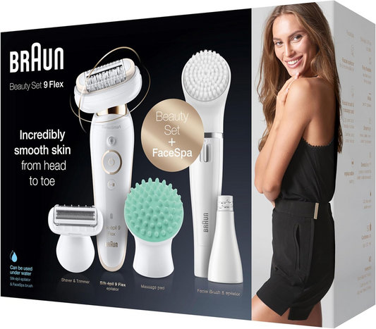 Braun Silk-épil 9 Flex Beauty Set 9300 – Women’s Epilator with Fully Flexible Head, FaceSpa, Shaver & Massage Attachments (White/Gold)
