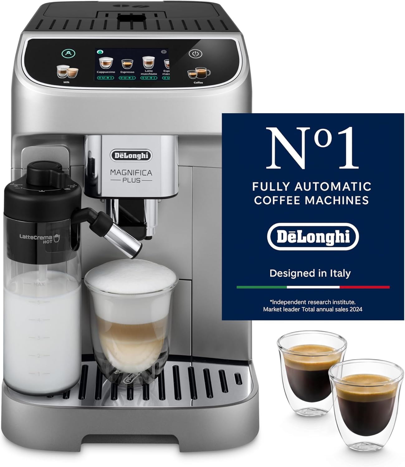 De'Longhi MAGNIFICA PLUS Fully Automatic Coffee Machine, Bean to Cup Espresso Machine with Milk Frother, 20+ One-Touch Recipes for Espresso, Cappuccino, Latte, Macchiato & Americano, ECAM322.70.SB