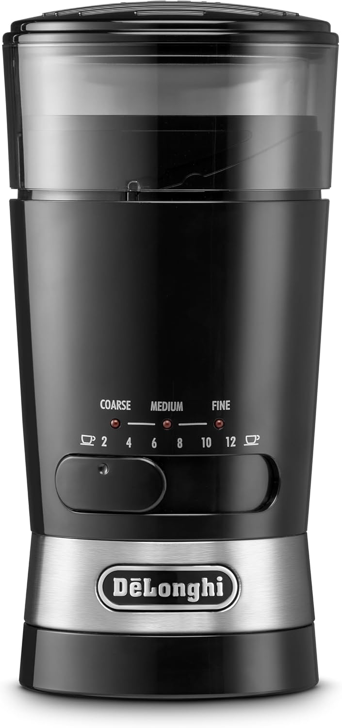 De'Longhi Electric Coffee Grinder, 110W, Burr Grinding System, 12 Settings, Stainless Steel Blade, 12 Cup Capacity, 120g Bean Container, Removable Transparent Lid – KG79, Black