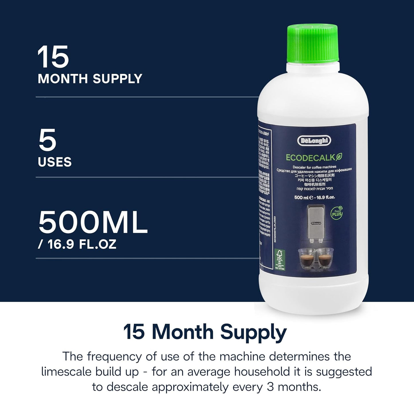 De'Longhi EcoDecalk Descaler, 500ml - Eco-Friendly Limescale Remover for Coffee Makers, Natural Lactic Acid, Preserves Coffee Flavor, Upto 3x Faster & More Effective than Citric Acid DLSC500