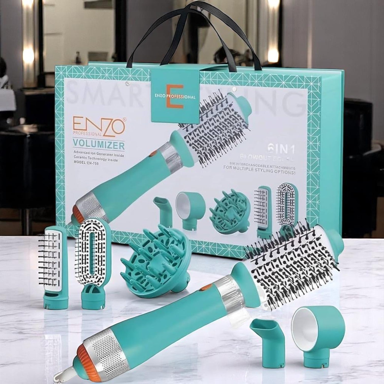 ENZO EN-750 6-in-1 Professional Hair Styling Kit – Multifunctional Hot Air Brush Set with Interchangeable Attachments ENZO Professional