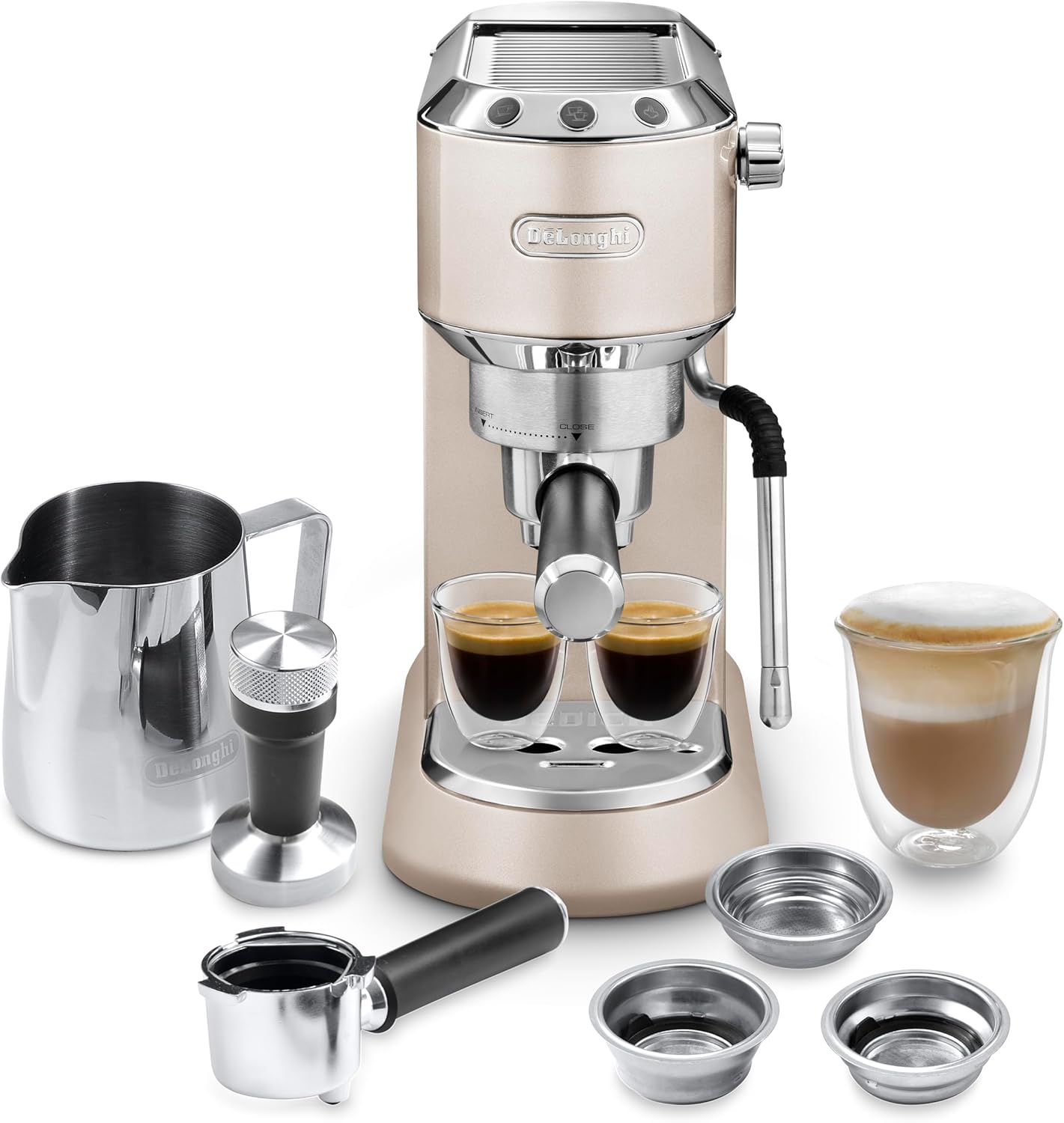 De'Longhi Dedica Arte Espresso Machine - MyLatteArt Milk Foam Nozzle, 15 BAR Pressure, Steel Tamper Included, Beige Gold - Create Perfect Espresso, Cappuccinos, and Latte Art at Home - EC885.BG