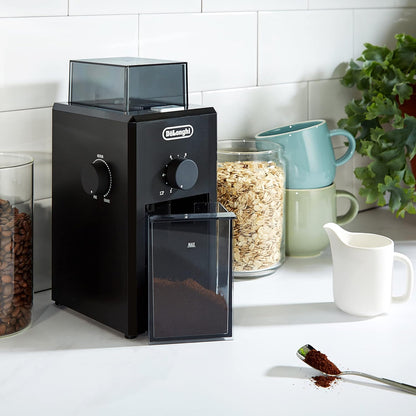 De'Longhi Electric Coffee Grinder, 110W, Burr Grinding System, 12 Settings, Stainless Steel Blade, 12 Cup Capacity, 120g Bean Container, Removable Transparent Lid – KG79, Black