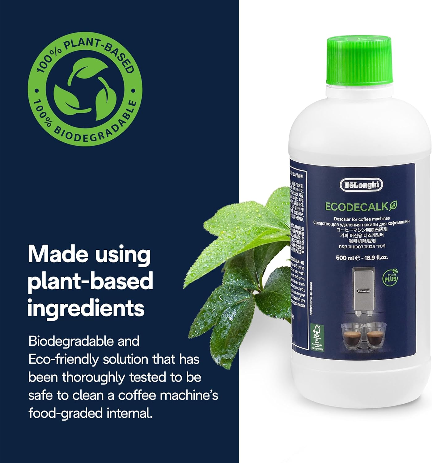 De'Longhi EcoDecalk Descaler, 500ml - Eco-Friendly Limescale Remover for Coffee Makers, Natural Lactic Acid, Preserves Coffee Flavor, Upto 3x Faster & More Effective than Citric Acid DLSC500