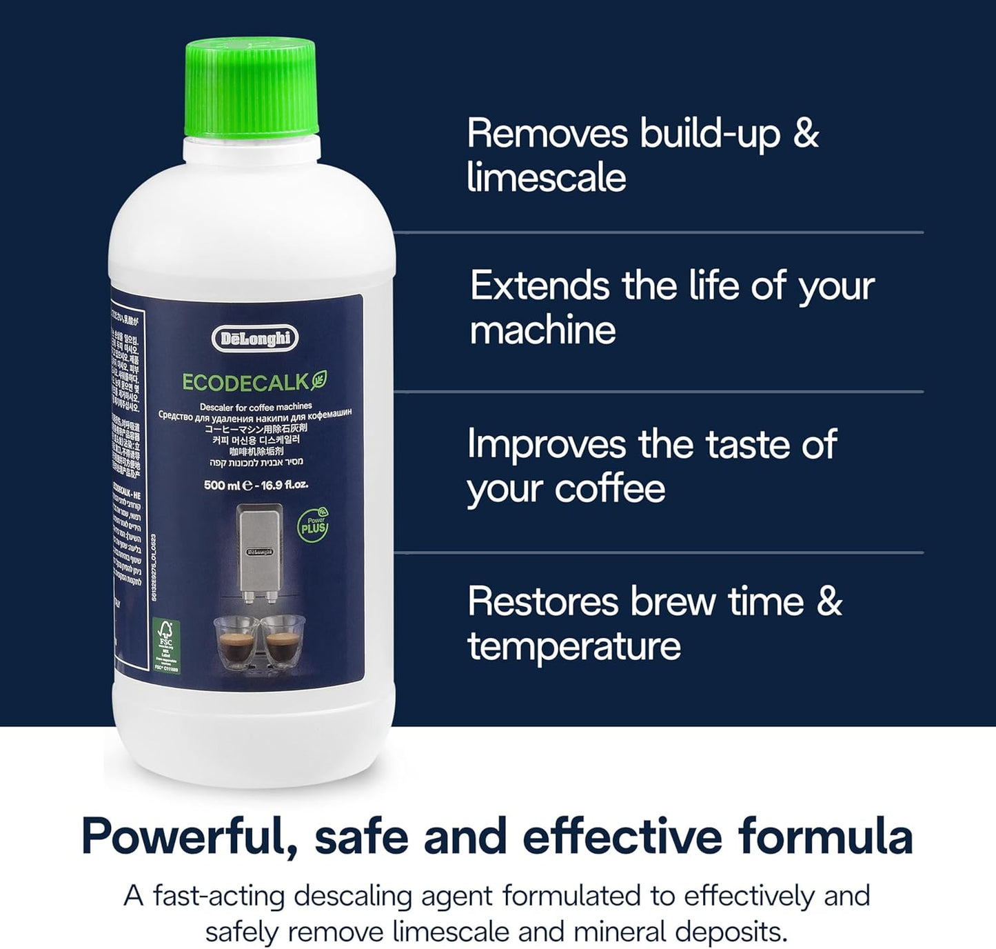 De'Longhi EcoDecalk Descaler, 500ml - Eco-Friendly Limescale Remover for Coffee Makers, Natural Lactic Acid, Preserves Coffee Flavor, Upto 3x Faster & More Effective than Citric Acid DLSC500