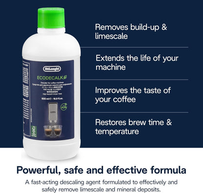 De'Longhi EcoDecalk Descaler, 500ml - Eco-Friendly Limescale Remover for Coffee Makers, Natural Lactic Acid, Preserves Coffee Flavor, Upto 3x Faster & More Effective than Citric Acid DLSC500