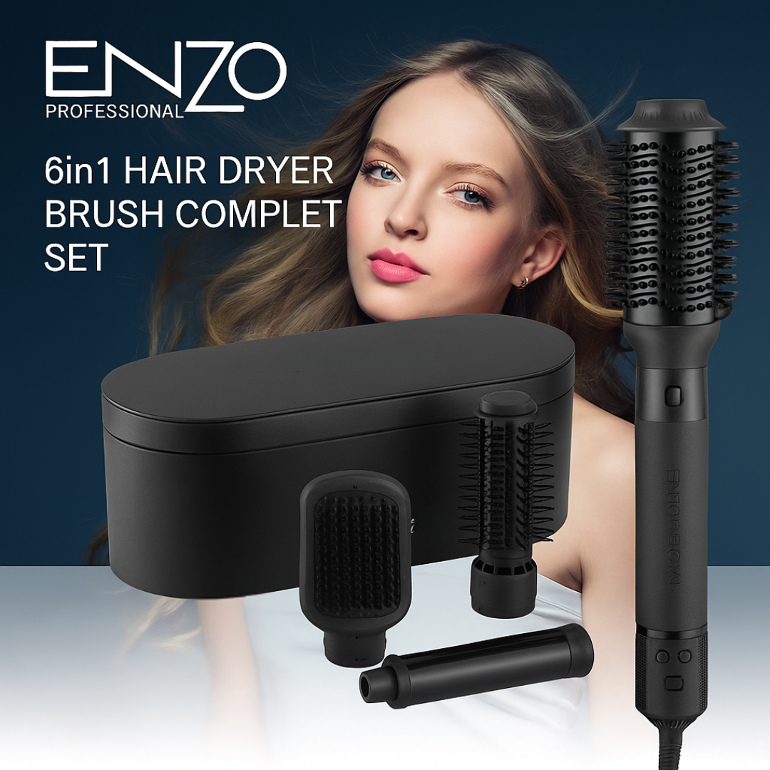 ENZO B1-1 6-in-1 Professional Hot Air Multi-Styler Brush - BLDC Motor – 1500W Ionic Hair Dryer, Curler, Straightener, and Comb