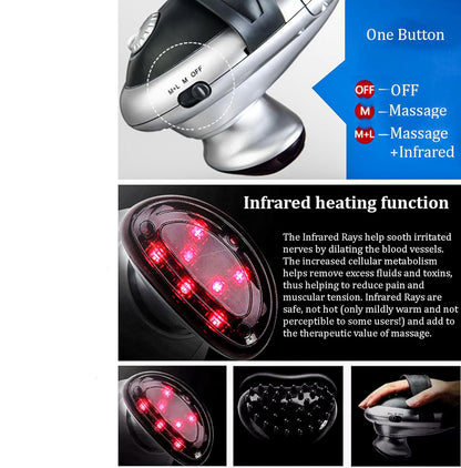  Handheld full body massager for pain and stress relief on back, neck, shoulders, and legs.