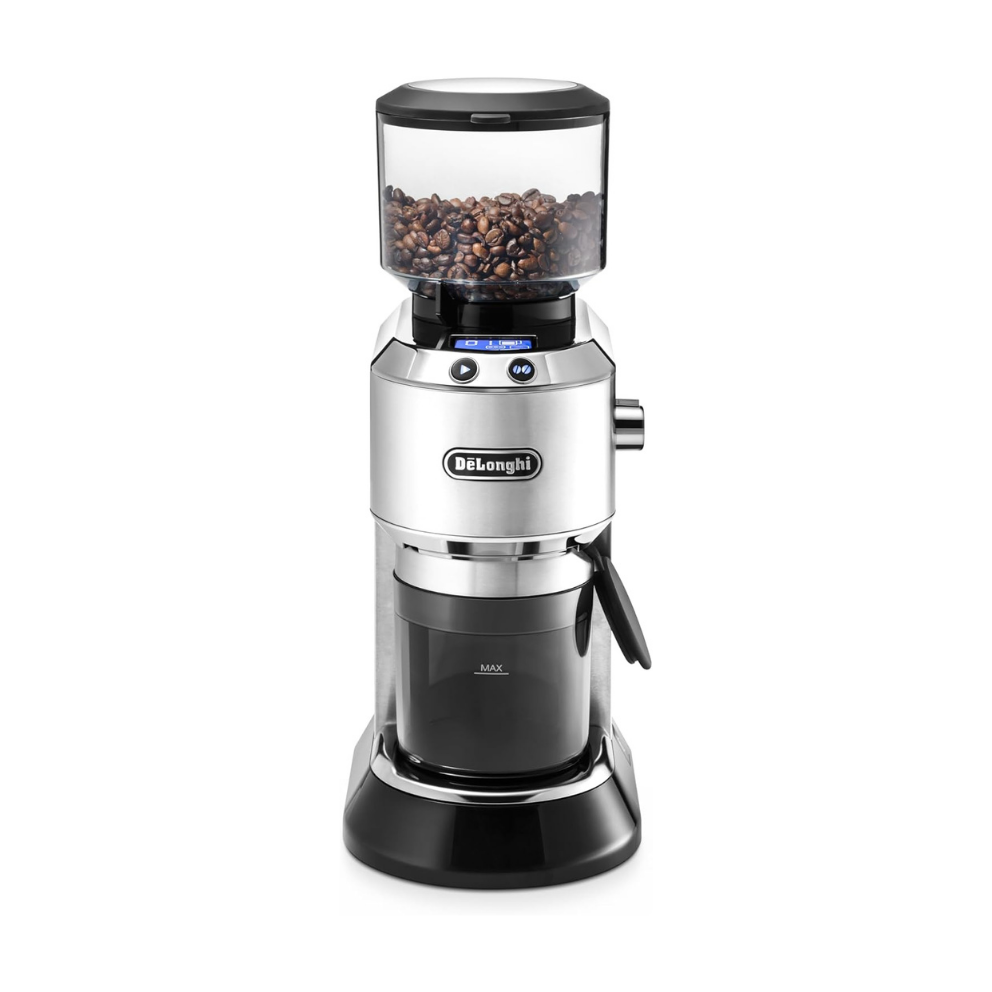 De'Longhi Electric Coffee Grinder, 110W, Burr Grinding System, 12 Settings, Stainless Steel Blade, 12 Cup Capacity, 120g Bean Container, Removable Transparent Lid – KG79, Black