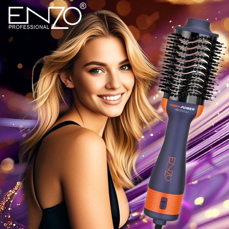 ENZO EN-4134 3-in-1 Electric Hair Styling Comb – Italian Brand | Negative Ion Technology | Fast Drying, Curling, Straightening & Volumizing - Intl Version - Purple