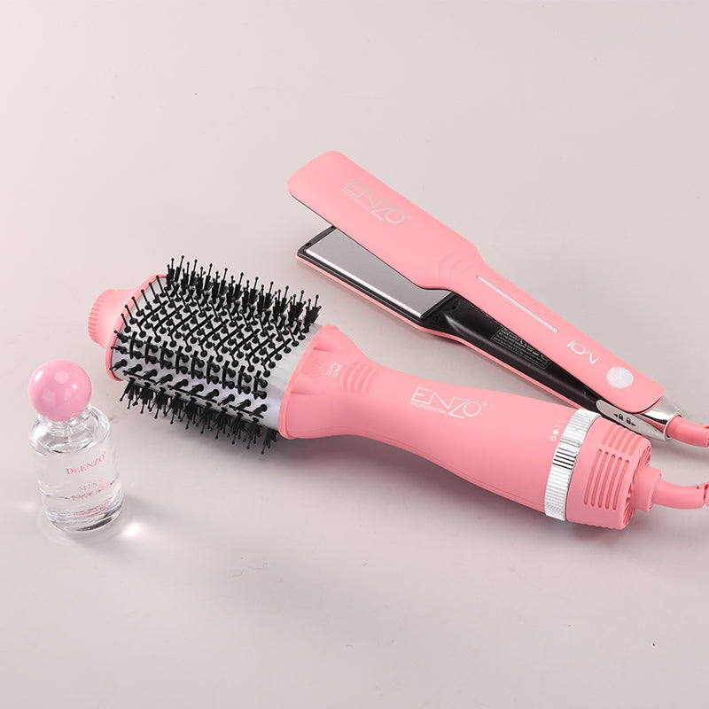 ENZO EN-511 New Electric Straightener Curler One Step Hot Air Hair Blow Dryer Brush 3 in 1 Multi Styler Curling Iron Comb Set