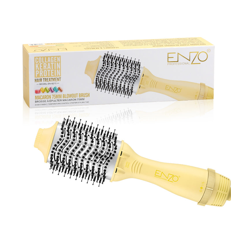 ENZO EN-6210 75mm Volumizing Blowout Brush – 1500W 3-in-1 Hair Dryer, Straightener, TurboDry Technology, Ionic Anti-Frizz Bristles, 3 Heat Settings & 2 Speeds – Yellow – Intl Version