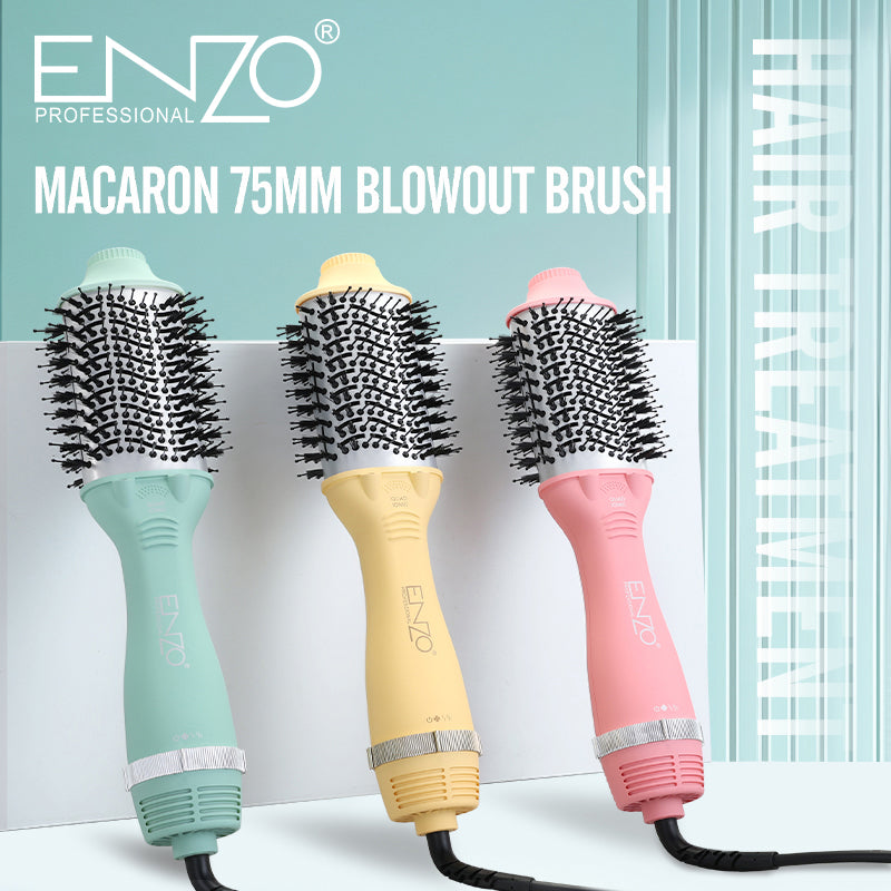 ENZO EN-6210 75mm Volumizing Blowout Brush – 1500W 3-in-1 Hair Dryer, Straightener, TurboDry Technology, Ionic Anti-Frizz Bristles, 3 Heat Settings & 2 Speeds – Yellow – Intl Version