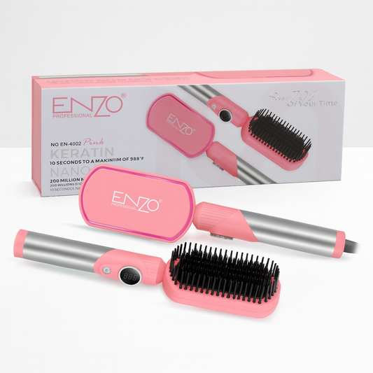 ENZO EN-4002 Pink Keratin Hair Straightener Brush – Ionic Hot Air Comb with Adjustable Temperature and Anti-Scald Design