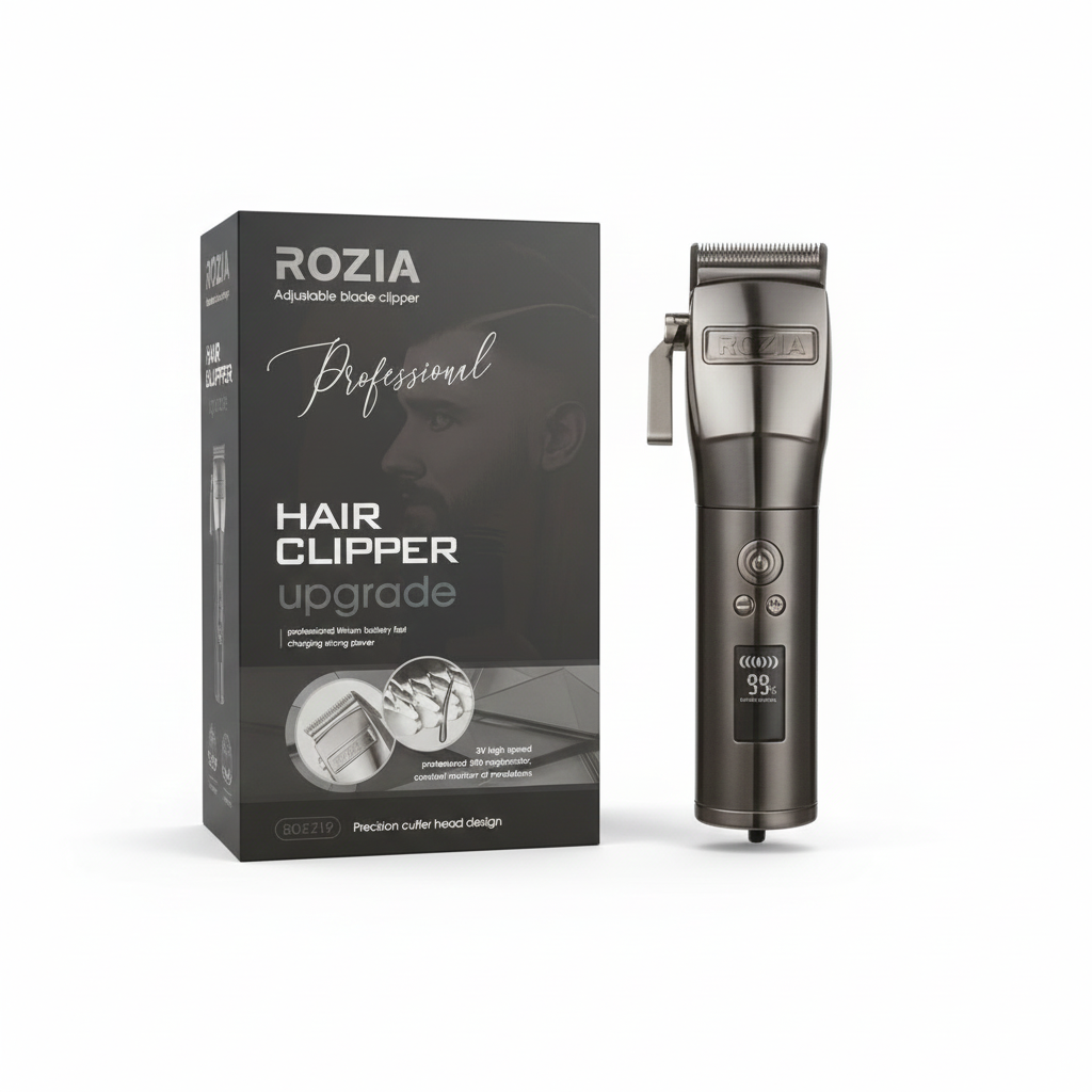 ROZIA HQ-2219 Professional Adjustable Blade Clicker Clipper – 3V High-Speed Motor, Lithium Battery, Precision Fade & Taper Grooming Tool