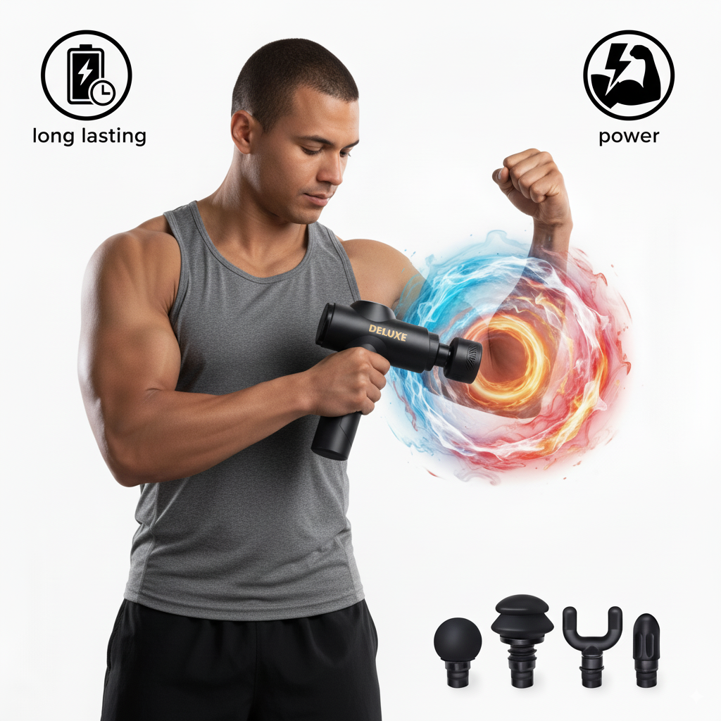 Deluxe Massage Gun – Portable Deep Tissue Massager with Heat & Cold Therapy, 4 Heads, Adjustable Speeds