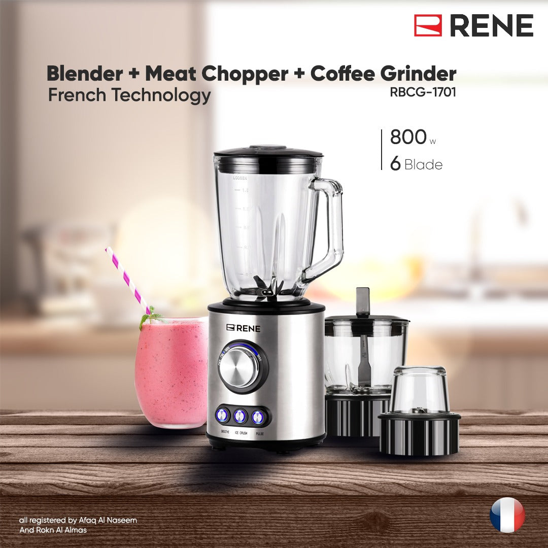 RENE Professional 3-in-1 Blender RBCG-1701 – 800W Blender with 1.5L Glass Jar