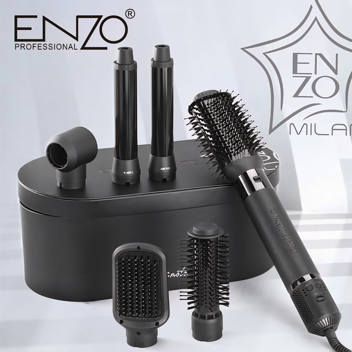 ENZO B1 6-in-1 Professional Hot Air Multi-Styler Brush – 1500W Ionic Hair Dryer, Curler, Straightener, and Comb