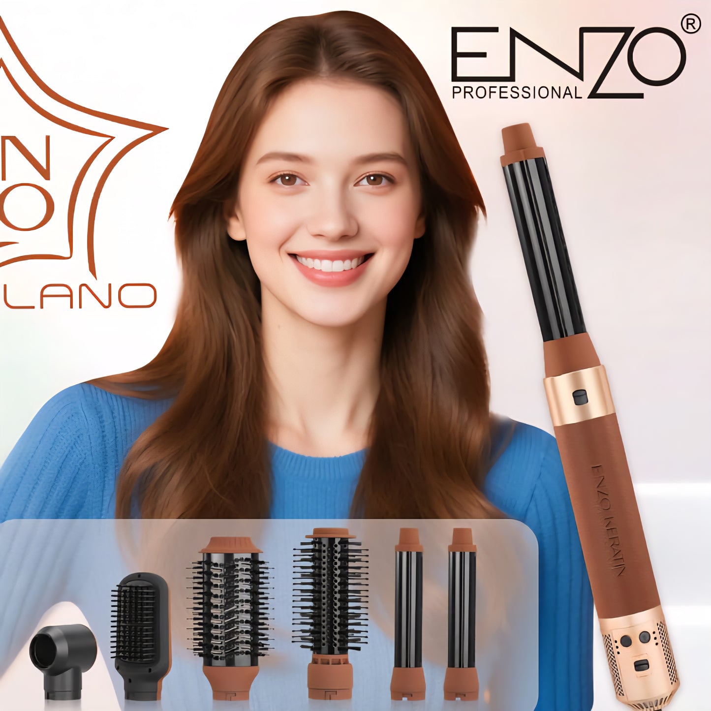 ENZO B1 6-in-1 Professional Hot Air Multi-Styler Brush – 1500W Ionic Hair Dryer, Curler, Straightener, and Comb