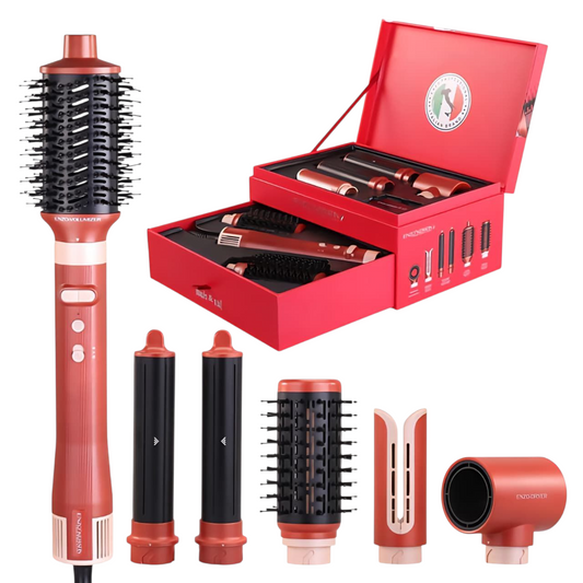 ENZO Keratin B2 6-in-1 BLDC Hair Styling Kit with 130,000 RPM Motor, Hot Air Brush, Curling Rods, and Volumizing Nozzles