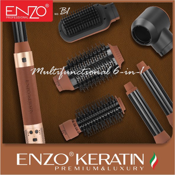 ENZO B1 6-in-1 Professional Hot Air Multi-Styler Brush – 1500W Ionic Hair Dryer, Curler, Straightener, and Comb