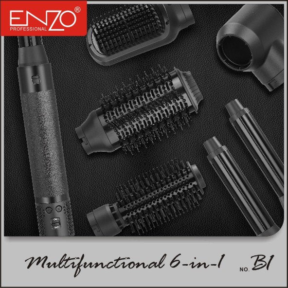 ENZO B1 6-in-1 Professional Hot Air Multi-Styler Brush – 1500W Ionic Hair Dryer, Curler, Straightener, and Comb