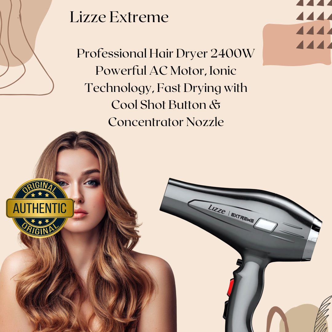 Lizze Extreme Professional Hair Dryer 2400W Powerful AC Motor, Ionic Technology, Fast Drying with Cool Shot Button & Concentrator Nozzle Lizze