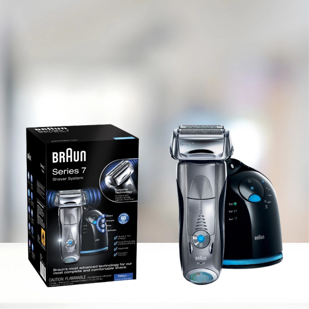 Braun 790cc electric razor capturing dense beard hair with Sonic Technology