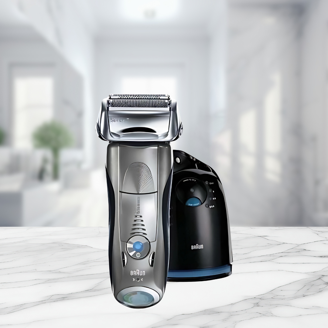 Braun 790cc electric razor capturing dense beard hair with Sonic Technology