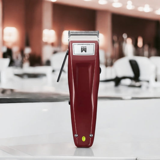 Moser 1400 Cordless Professional Clipper – Burgundy design for hair and beard grooming.