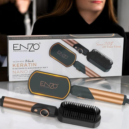 PrecisionWare ENZO EN-4002 Gold Hair Straightener Brush – 3-in-1 styling tool for straightening, drying, and volumizing.