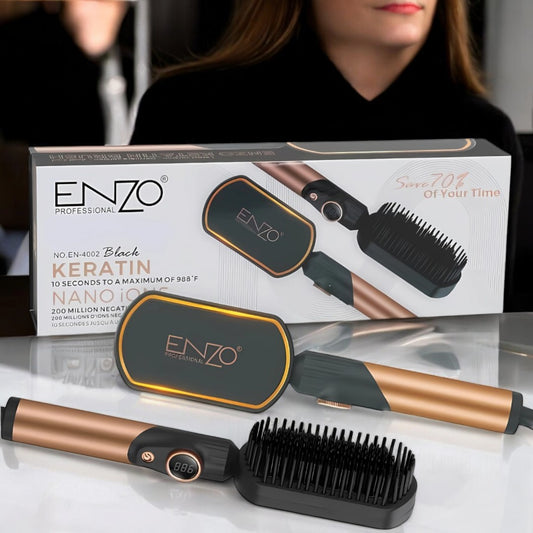 PrecisionWare ENZO EN-4002 Gold Hair Straightener Brush – 3-in-1 styling tool for straightening, drying, and volumizing.